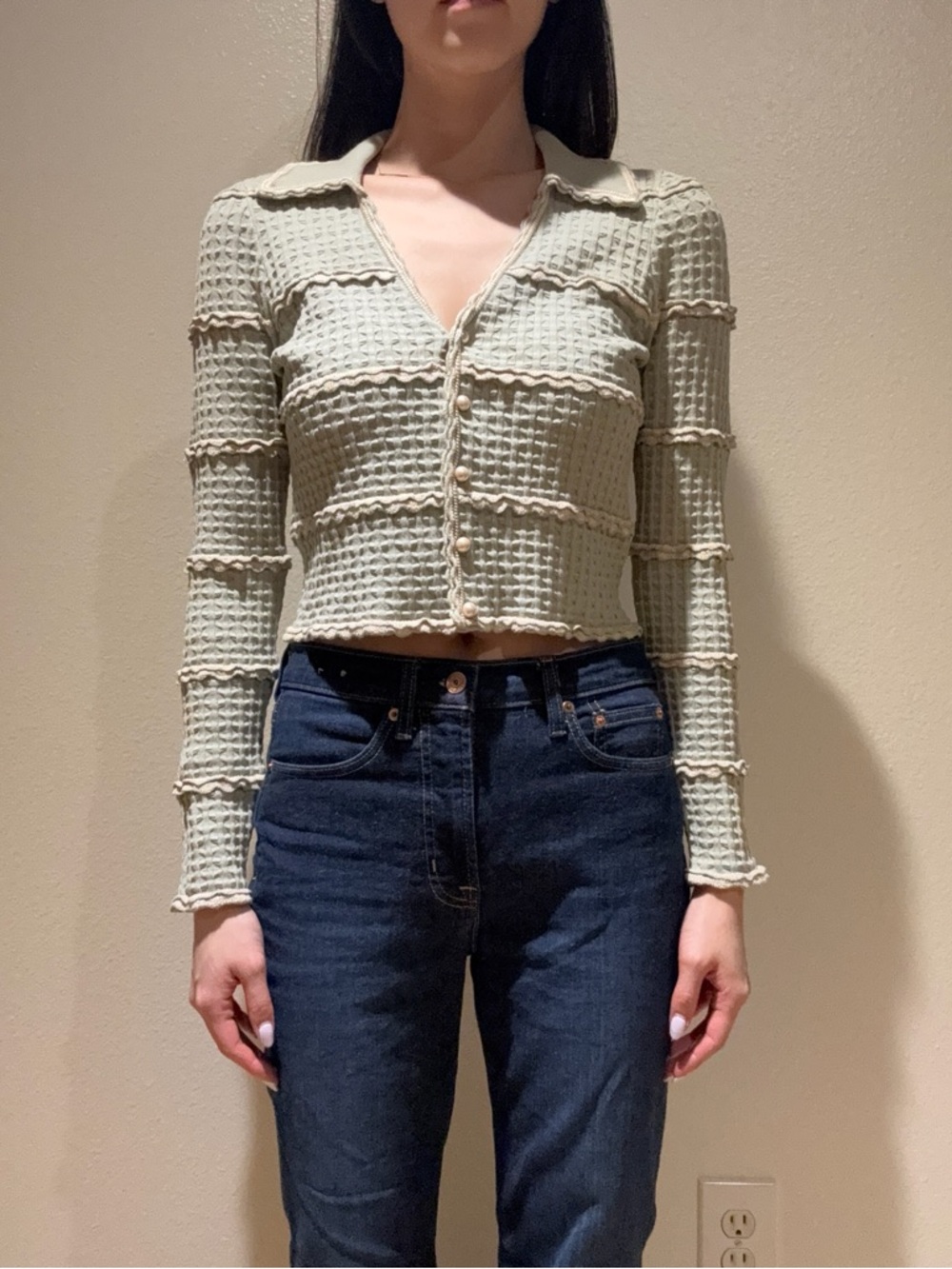 Sandro Waffle Knit Sweater in Sage Green